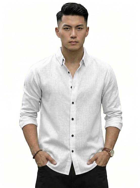 Regular Fit Solid Linen Cotton Shirt with Long Sleeve Collared Neck (1)