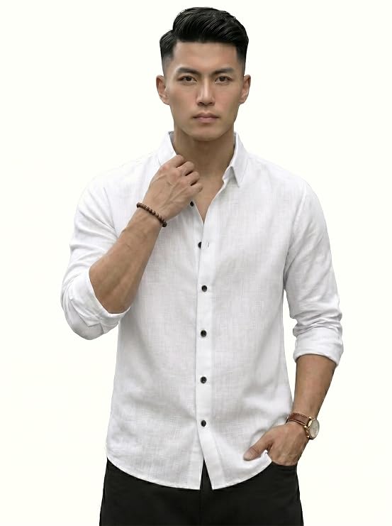 Regular Fit Solid Linen Cotton Shirt with Long Sleeve Collared Neck (2)