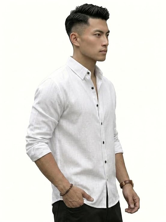Regular Fit Solid Linen Cotton Shirt with Long Sleeve Collared Neck (5)
