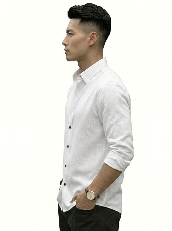 Regular Fit Solid Linen Cotton Shirt with Long Sleeve Collared Neck (6)